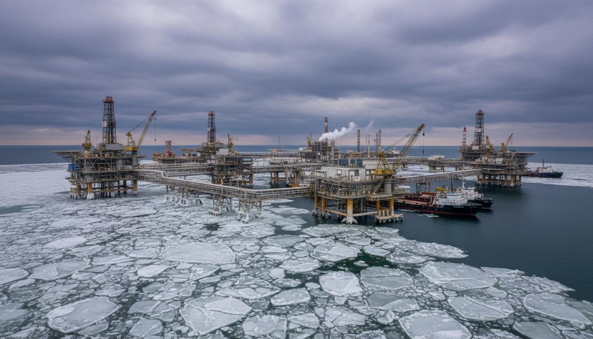 Морская нефтегазовая платформа на месторождении Кашаган в Каспийском море, окруженная льдами в пасмурную погоду.