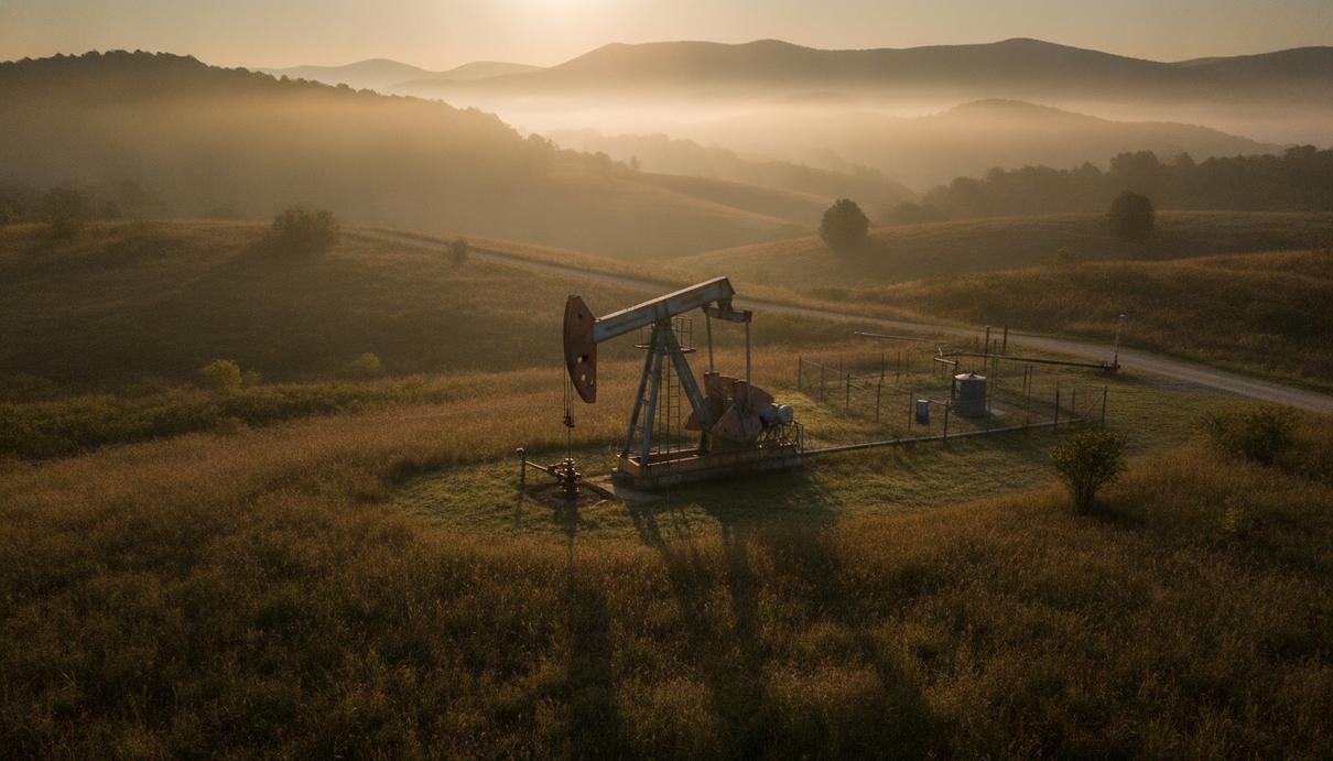 Нефтяной насос-качалка в поле на фоне холмистого пейзажа гор Аппалачи в Западной Виргинии на рассвете.