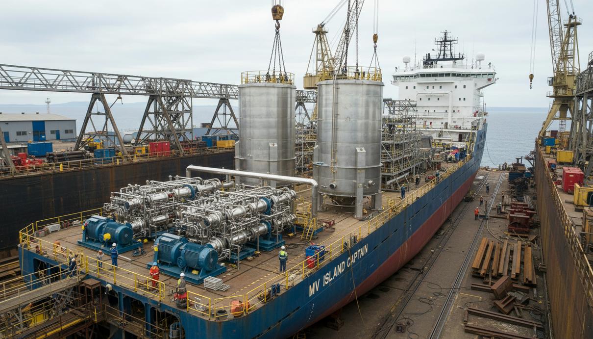 Судно для морского гидроразрыва пласта MV Island Captain в сухом доке во время модернизации палубного оборудования.