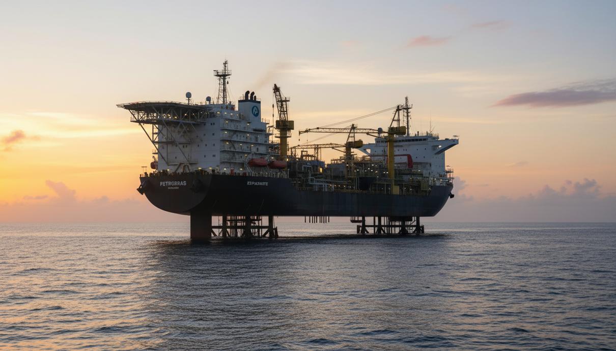Плавучая нефтегазовая платформа (FPSO) для добычи, хранения и отгрузки нефти в океане на рассвете у побережья Бразилии.