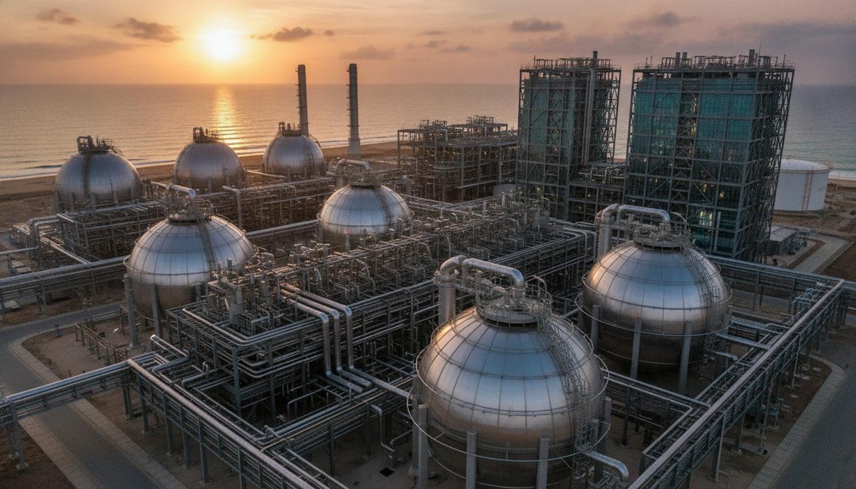 ExxonMobil привлекла консорциум к работам по проекту Rovuma LNG Современный завод по сжижению природного газа на побережье Мозамбика на рассвете. Промышленные установки, трубопроводы и сферические резервуары для хранения СПГ.