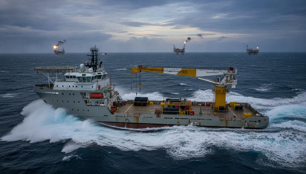 Современное судно для подводно-технических работ в море на шельфовом месторождении, на палубе виден грузовой кран.