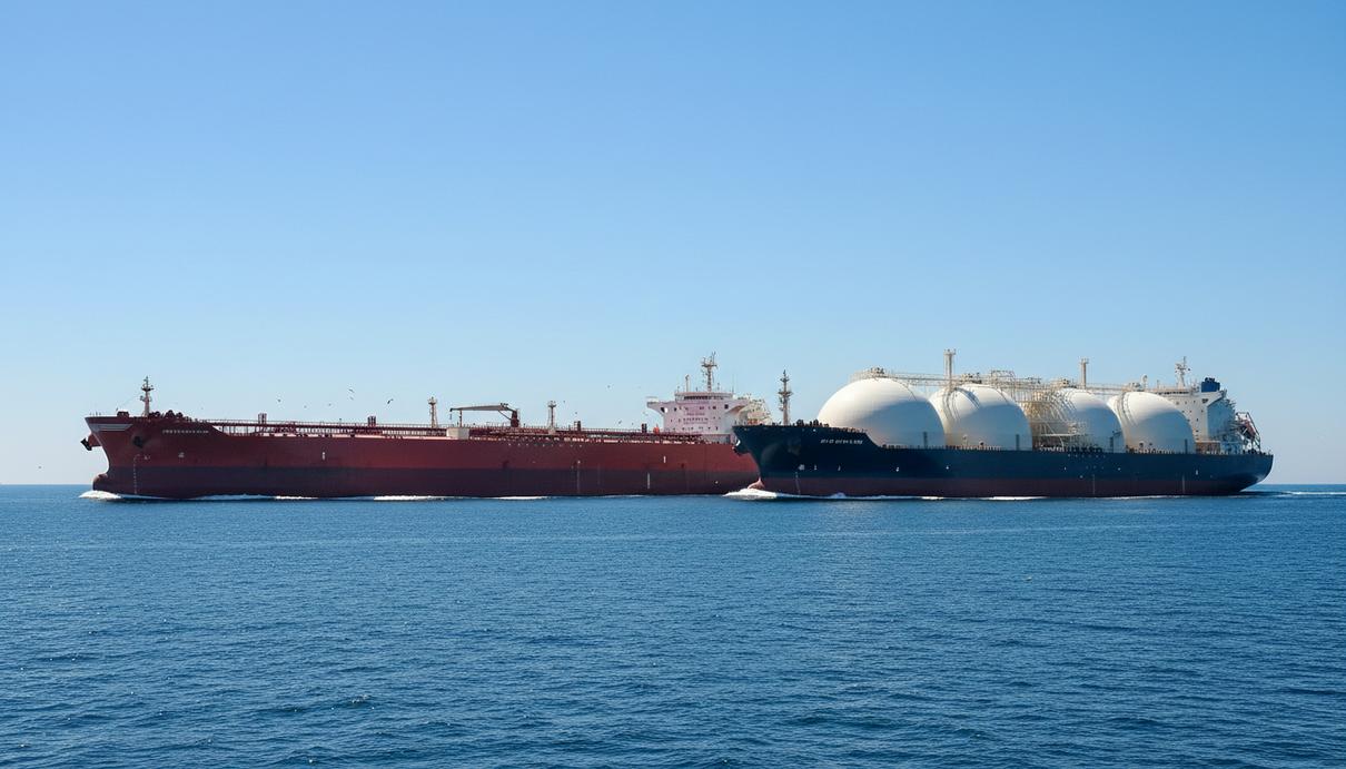 ADNOC L&S вложит $1,3 млрд в 11 танкеров для наращивания экспорта Крупнотоннажный супертанкер для перевозки нефти и газовоз со сферическими резервуарами идут по морю.