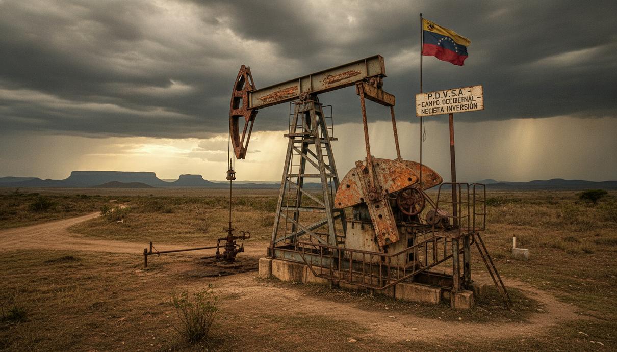 Венесуэла ищет $183 млрд для восстановления добычи нефти до 3 млн б/с Старая нефтяная вышка в венесуэльской степи на фоне неба. На оборудовании видна ржавчина и следы износа.