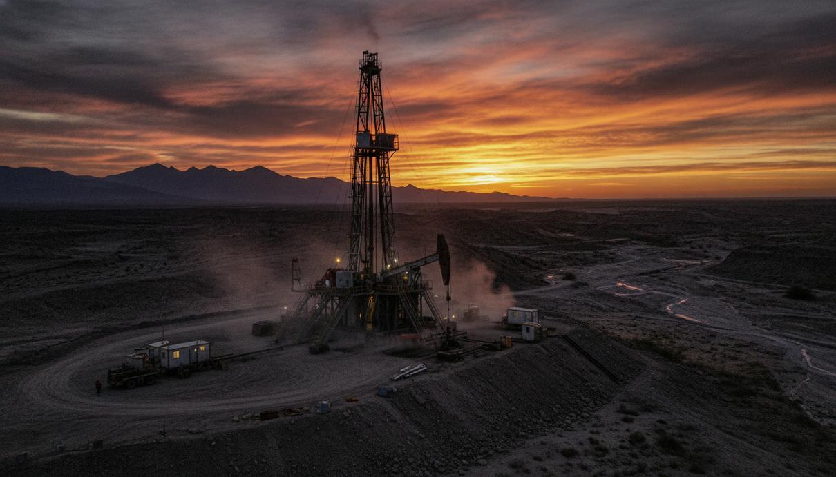 Нефтяная вышка на фоне заката в пустынном ландшафте сланцевого месторождения Vaca Muerta в Патагонии, Аргентина.