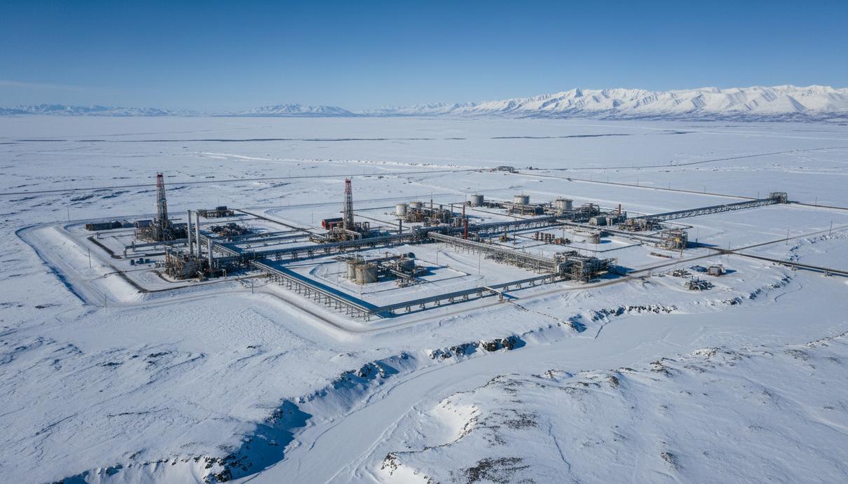Современный нефтепровод и объекты добычи на заснеженной равнине тундры на севере Аляски, вид с воздуха.