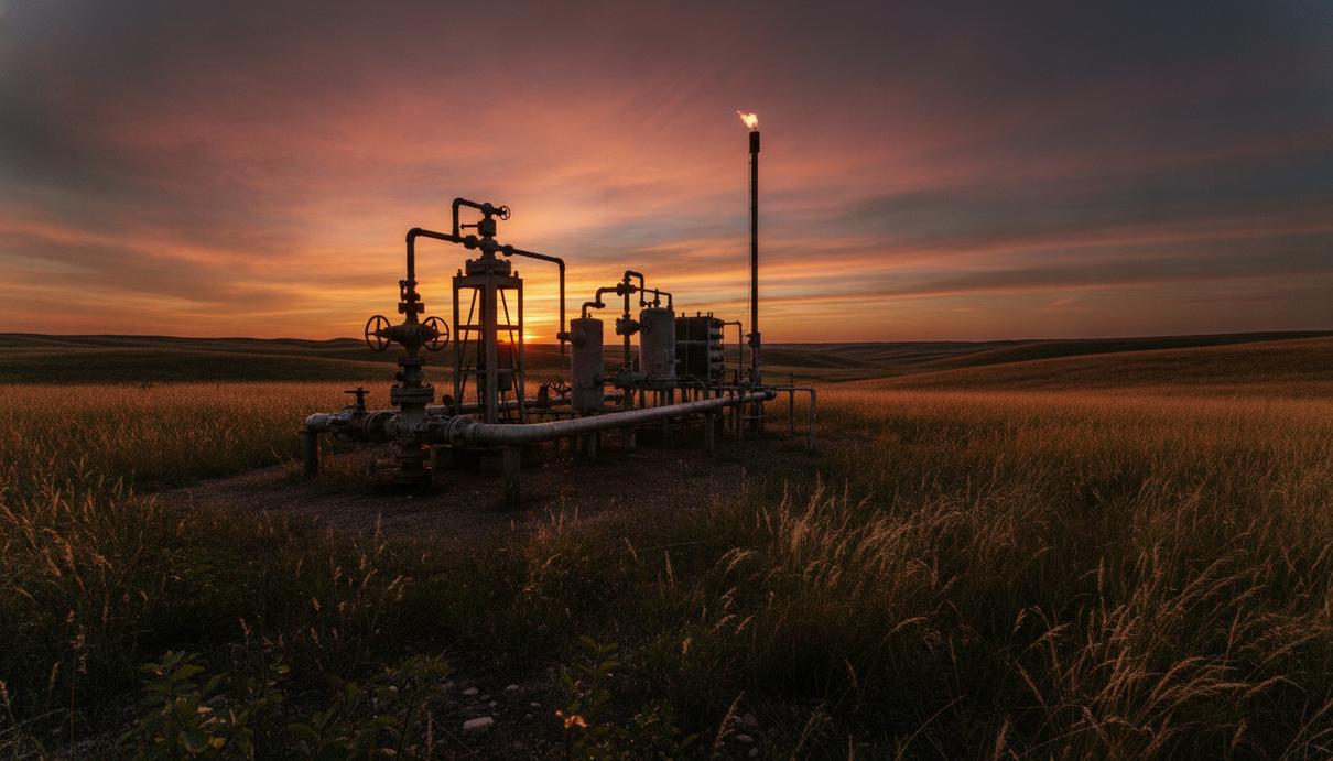 Diversified Energy подтвердила переговоры о покупке Birch Resources Оборудование для добычи природного газа на месторождении в поле на фоне заката.