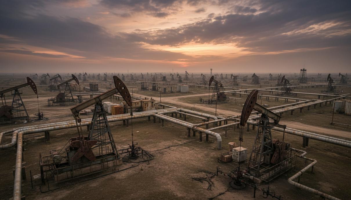 Нефтяные вышки и трубопроводы на месторождении в нефтяном поясе Ориноко, Венесуэла. Инфраструктура выглядит изношенной.
