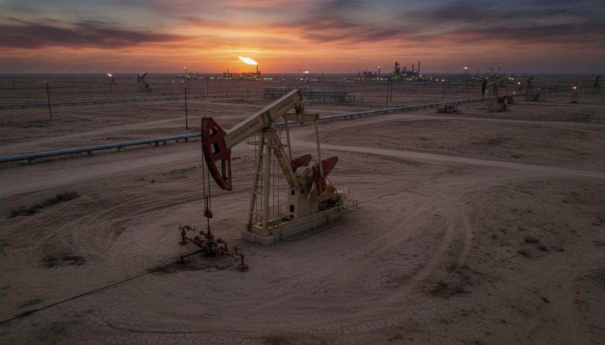 Современный станок-качалка на нефтяном месторождении в США на фоне заката, вдали видна промышленная инфраструктура.