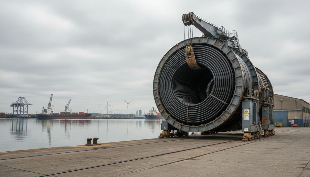 SCA построит для Kosmos Energy карусель для шлангокабелей в США Большая промышленная карусель для хранения подводных шлангокабелей на причале в морском порту.