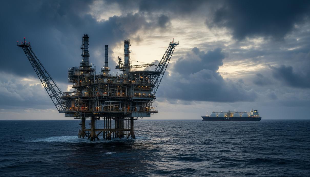 Морская нефтегазовая платформа в Северном море на фоне облачного неба, на горизонте виден крупный танкер-газовоз СПГ.