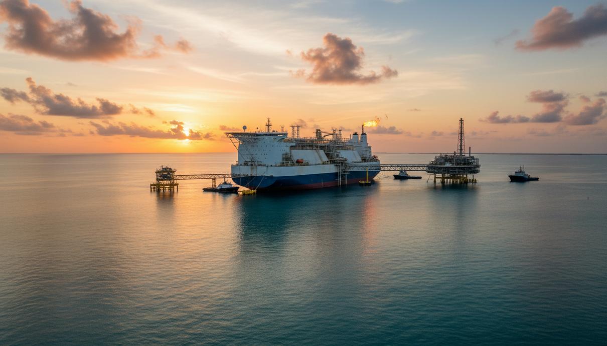 Delfin LNG готовит площадку для первого в США плавучего СПГ-завода Плавучий завод по сжижению природного газа (СПГ) и сопутствующая морская инфраструктура в открытом море на закате.