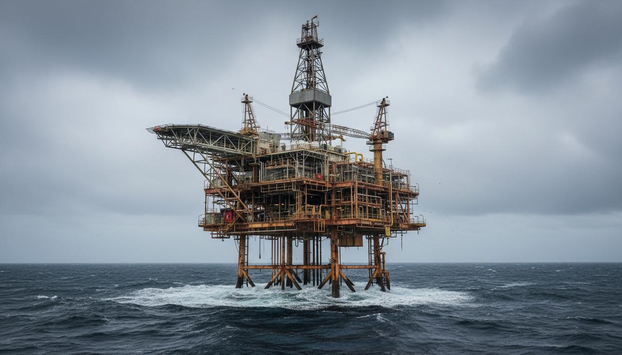 Морская нефтегазовая платформа в Северном море в пасмурную погоду. Старое, но работающее сооружение с трубами и кранами.