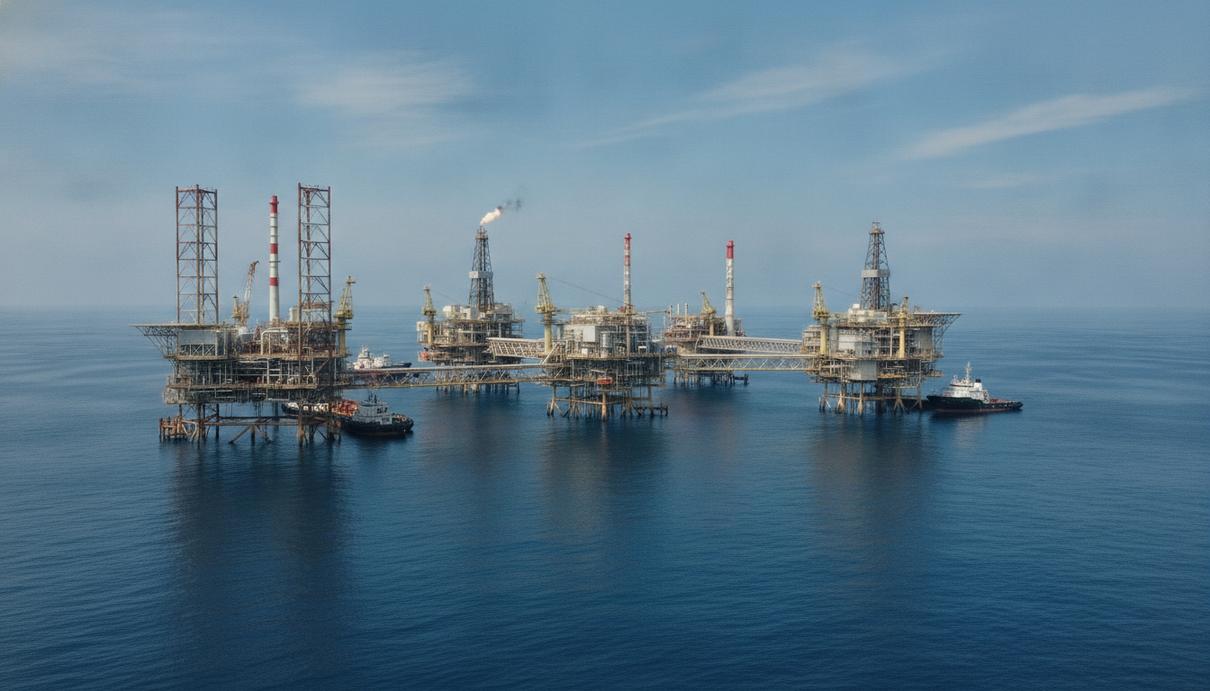 Морской нефтегазовый комплекс из нескольких платформ, соединённых мостами, в открытом море при ясной погоде.