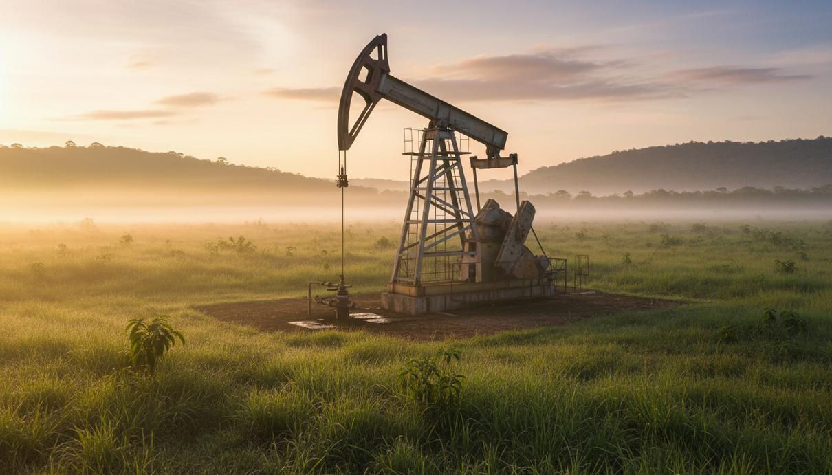 Нефтяная качалка на сухопутном месторождении в Бразилии на рассвете в поле, покрытом травой.