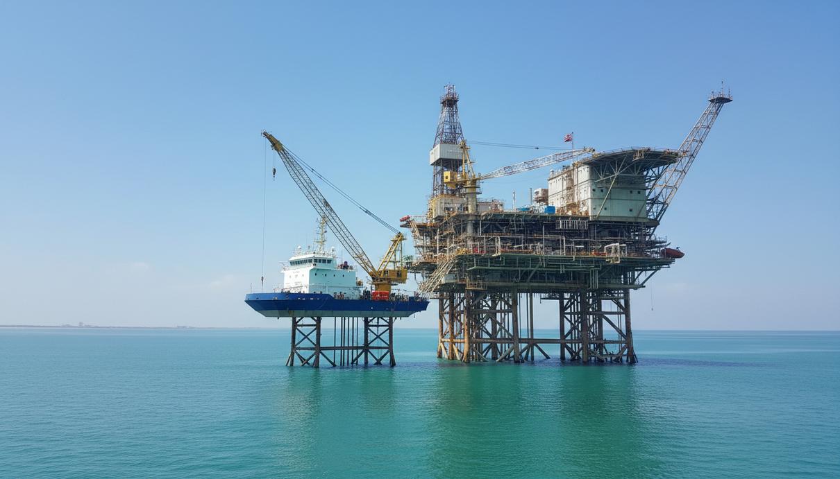 Самоподъемное судно поддержки рядом с морской нефтегазовой платформой в море. Солнечный день, спокойная вода.
