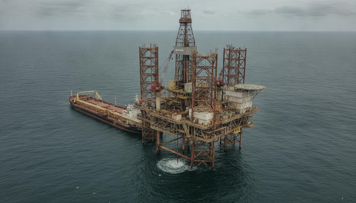 Морская нефтедобывающая платформа в открытом океане. Вид на сложную конструкцию из труб и вышек в Мексиканском заливе.