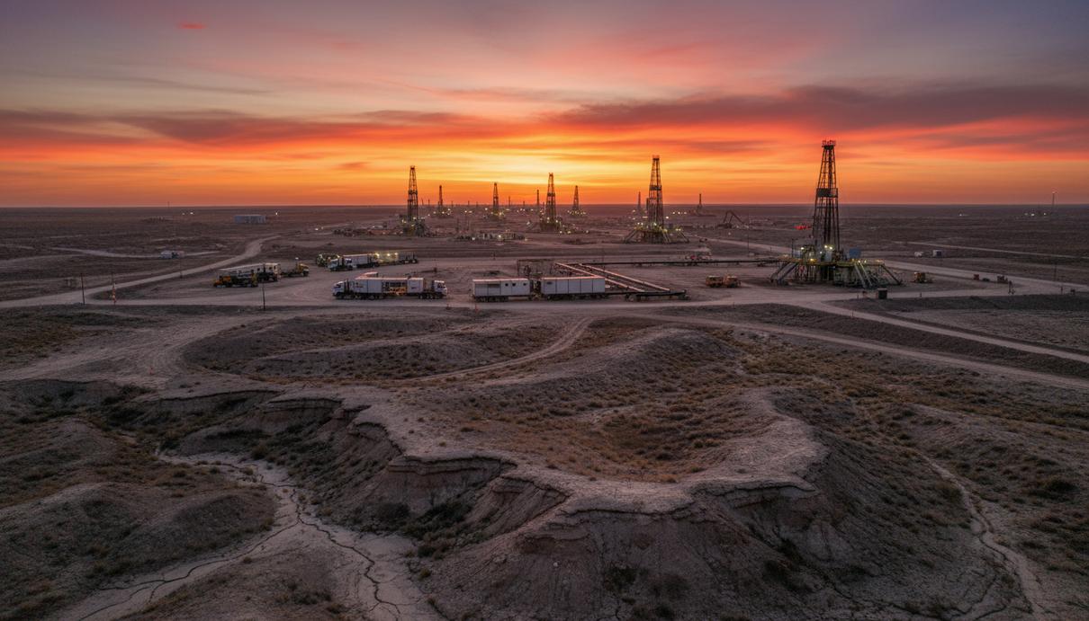 Нефтегазовое оборудование и буровые вышки на фоне заката в пустынном ландшафте сланцевой формации Вака-Муэрта в Аргентине.