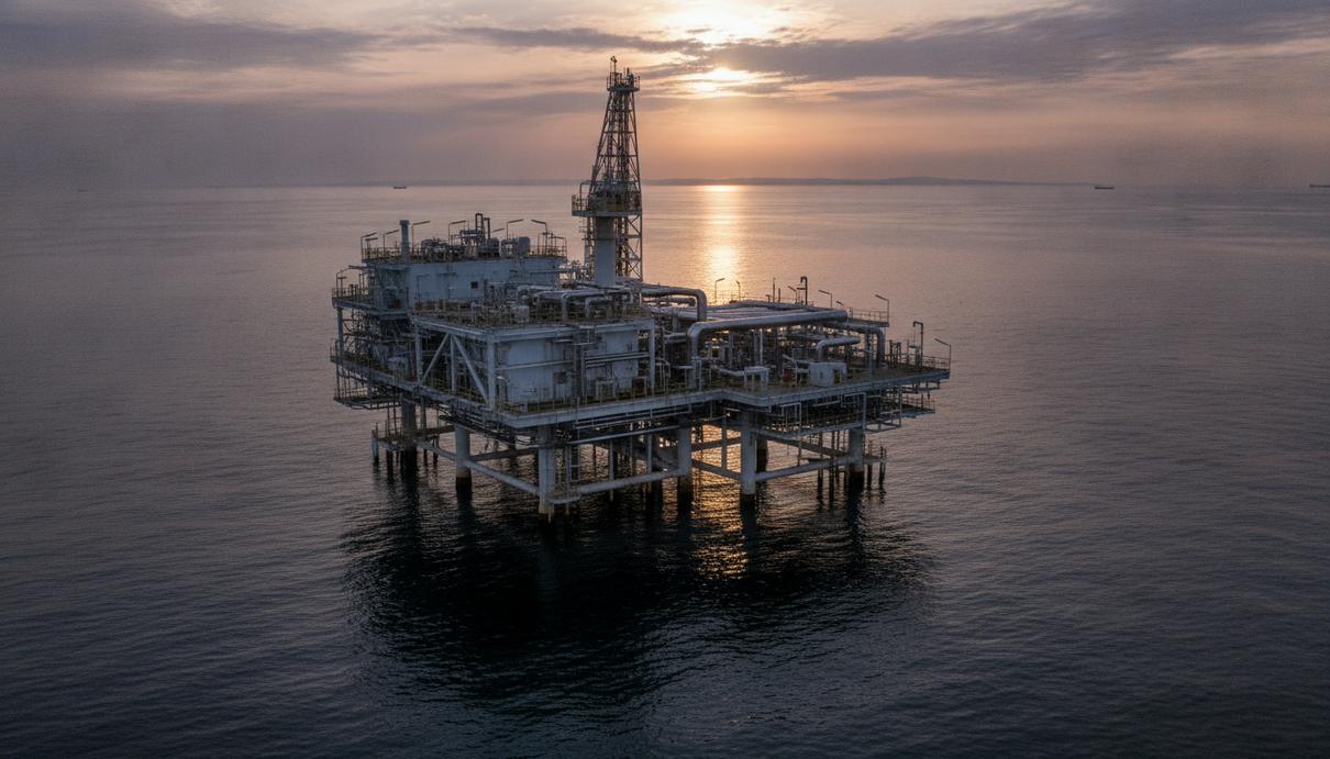Emerson автоматизирует новую платформу bp на месторождении Шах-Дениз Морская безлюдная газокомпрессорная платформа на месторождении в Каспийском море на рассвете.