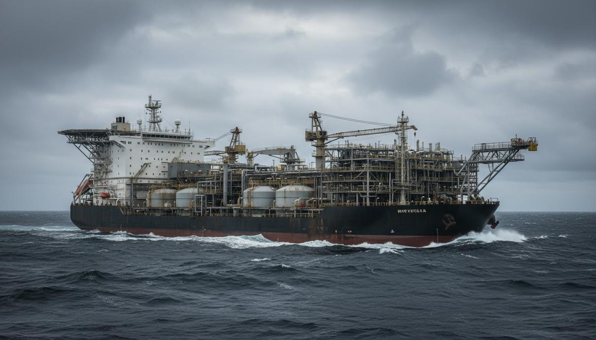 Aker BP запустила три месторождения в Норвежском море на год раньше срока Плавучая установка для добычи, хранения и отгрузки нефти (FPSO) в суровых водах Норвежского моря под пасмурным небом.