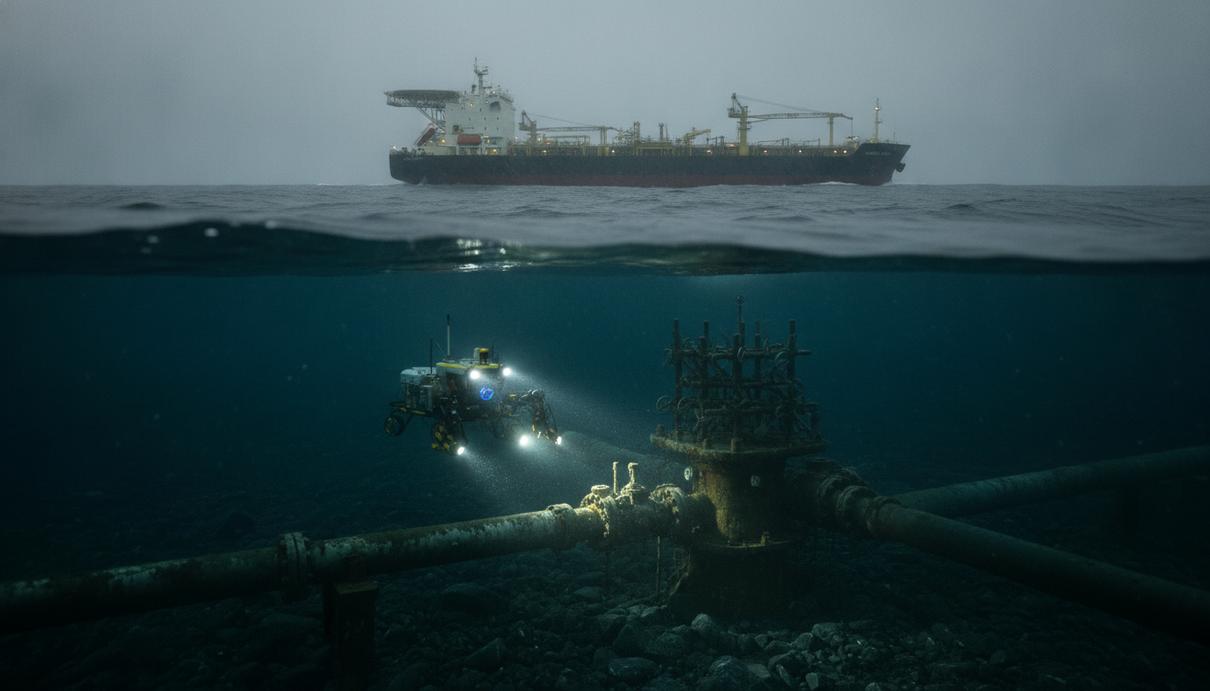DeepOcean подключила месторождение Teal West к установке Anasuria Плавучая нефтедобывающая установка в Северном море и подводный роботизированный аппарат, работающий на морском дне у трубопровода.