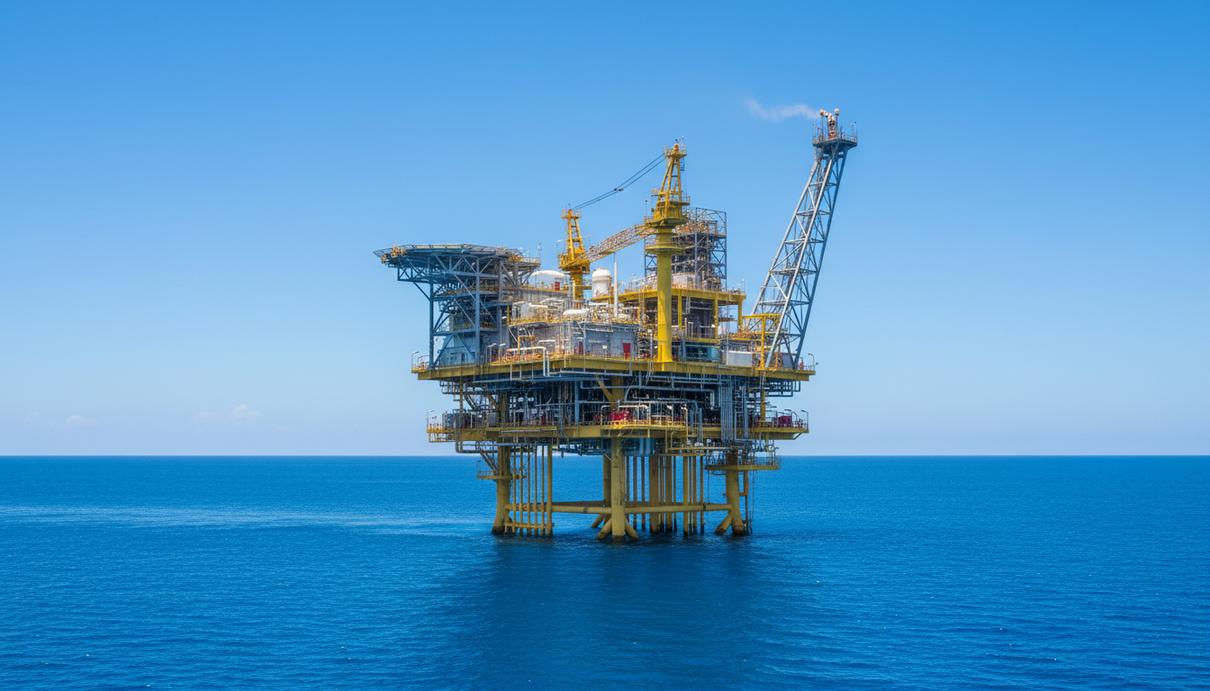 Подразделение ADNOC войдет в газовый проект в Венесуэле вместе с bp Морская платформа для добычи природного газа в Карибском море в ясный солнечный день.