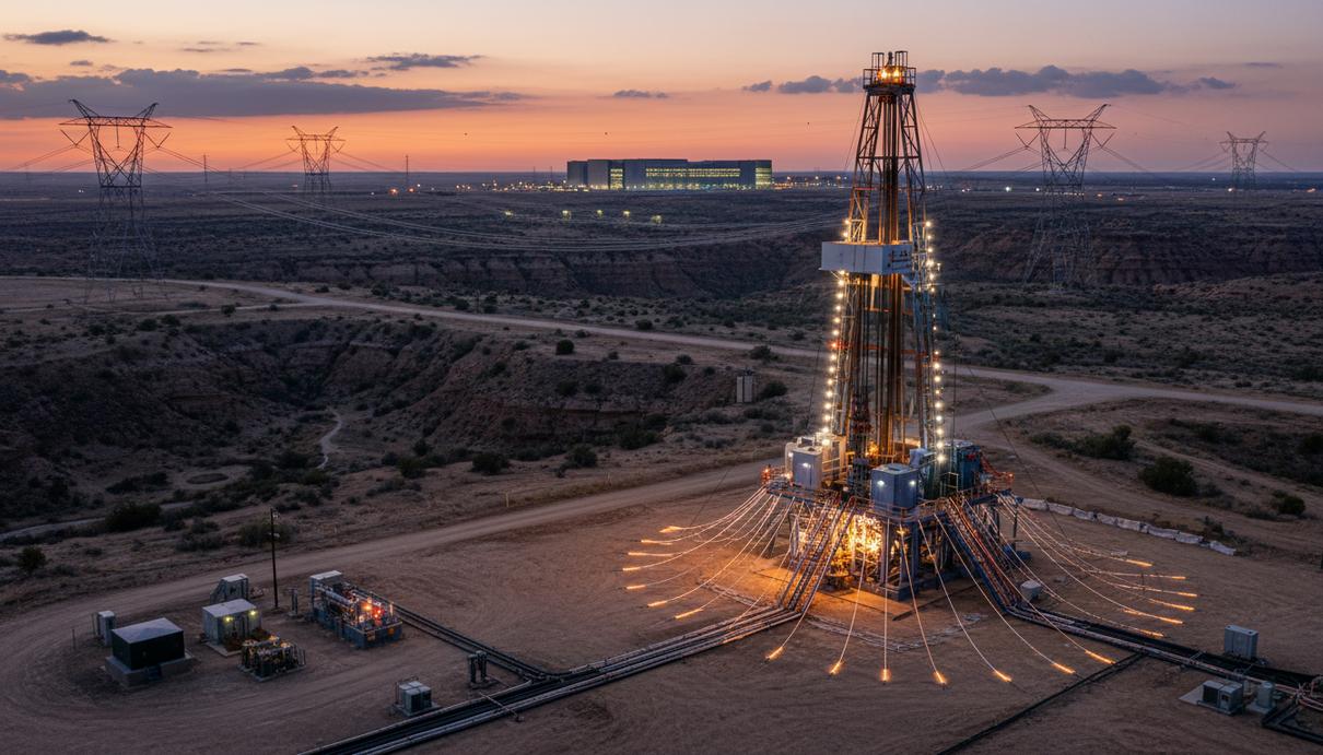 Нефтяники и дата-центры вызвали дефицит энергии в Техасе Нефтяная вышка и линии электропередачи в пустынном ландшафте Пермского бассейна в Техасе на закате.