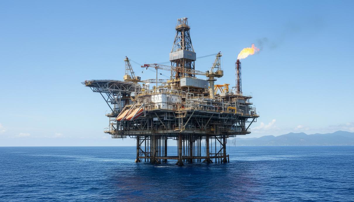 Halliburton оценит для bp запасы месторождения Бумеранг в Бразилии Глубоководная буровая платформа в открытом океане. Промышленное оборудование для добычи нефти и газа на шельфе.