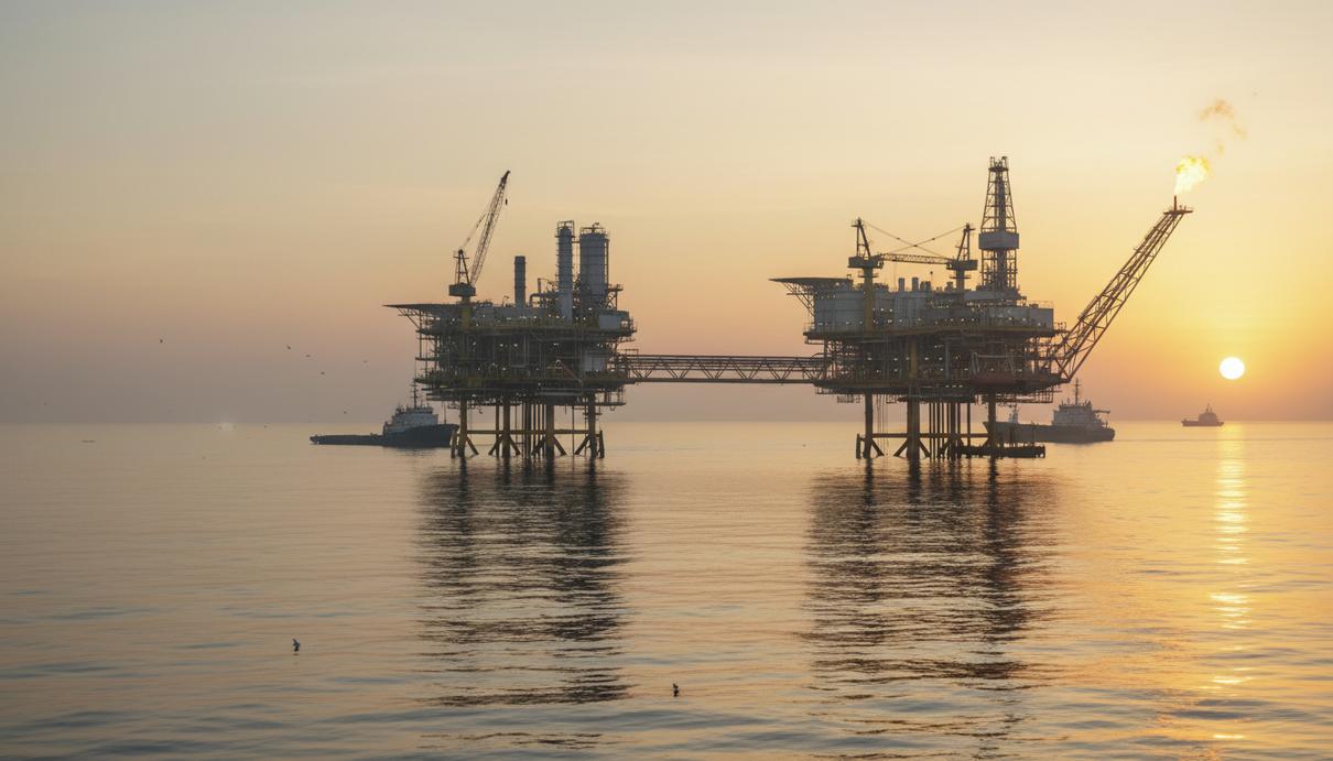 Морская нефтегазовая платформа в океане у побережья Гайаны на рассвете. Вид с большого расстояния, спокойная вода.