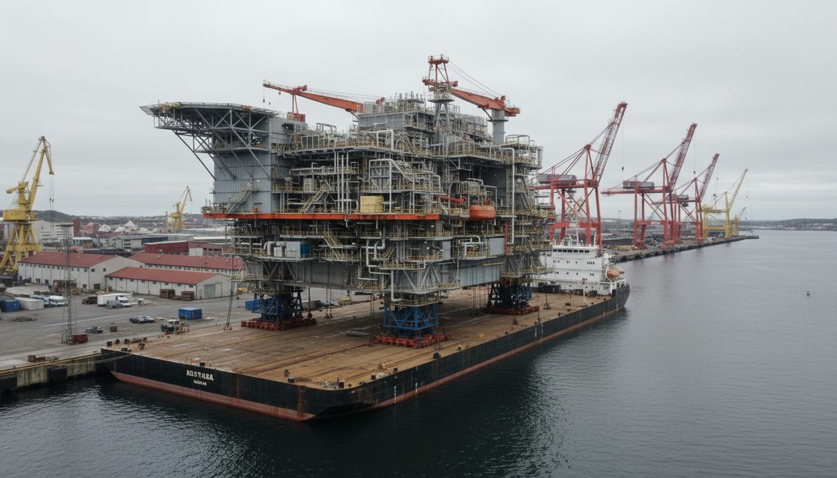 Верхнее строение морской нефтегазовой платформы Munin на транспортной барже у причала верфи в Хаугесунне, Норвегия.