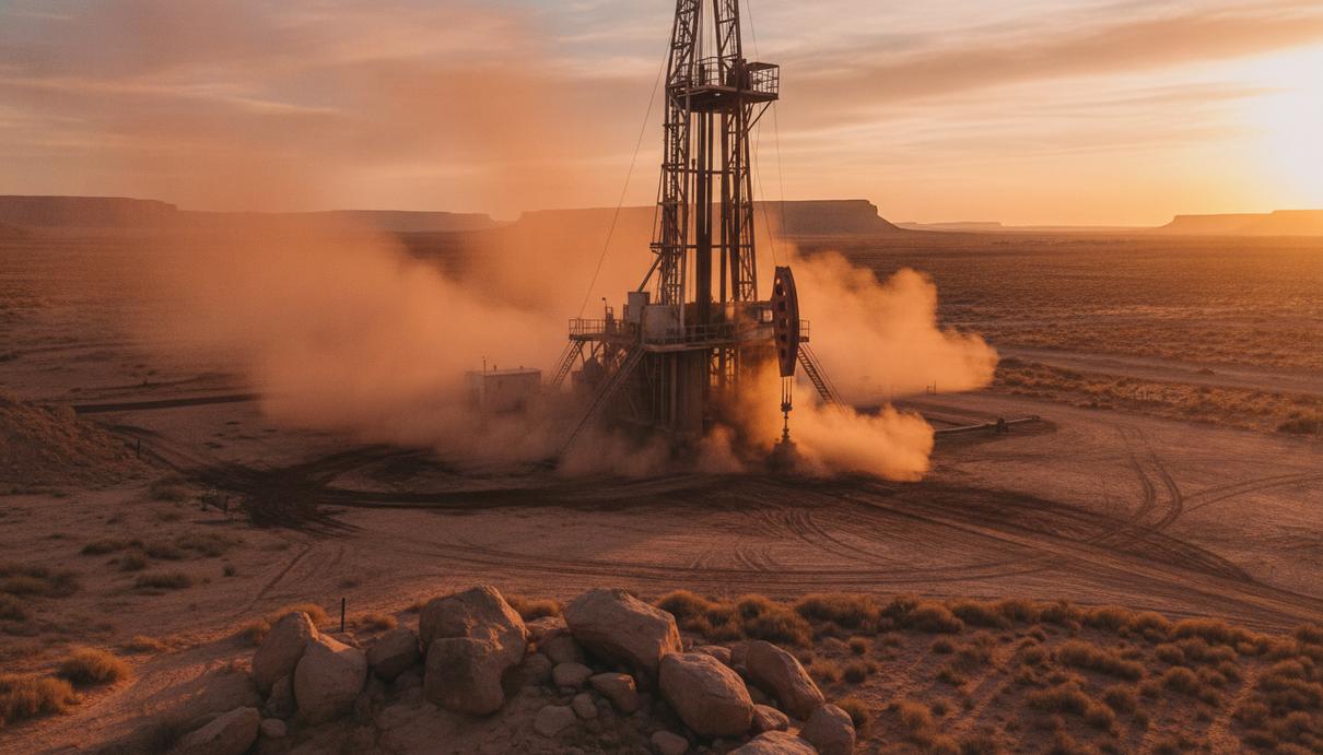 Наземная буровая установка для добычи нефти и газа в поле на закате.