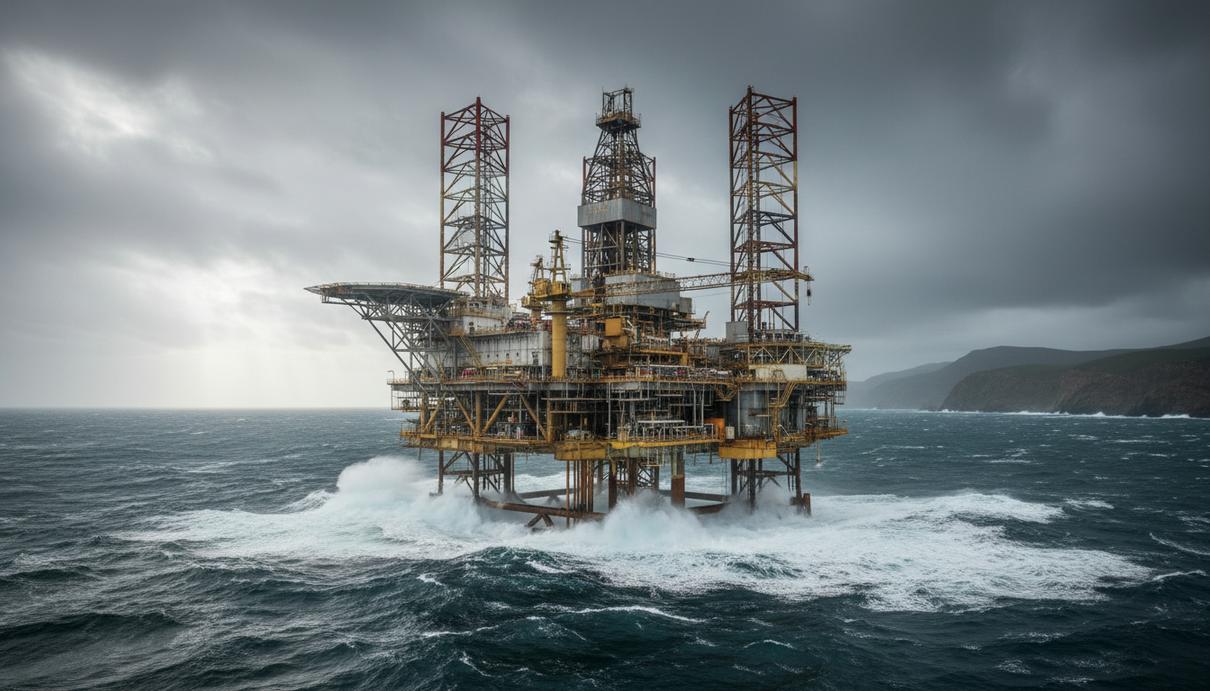 Морская нефтегазовая разведочная платформа в Атлантическом океане у побережья ЮАР на фоне неспокойного моря.