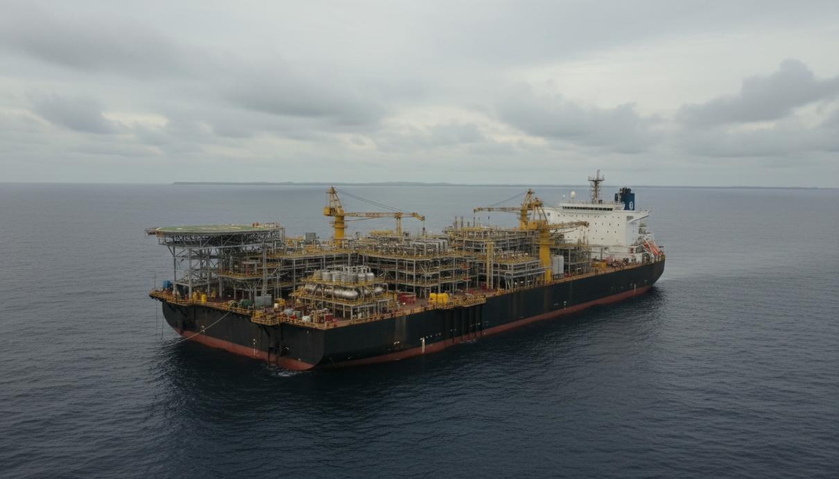 Большая плавучая установка для добычи, хранения и отгрузки нефти (FPSO) в открытом море у побережья Западной Африки.