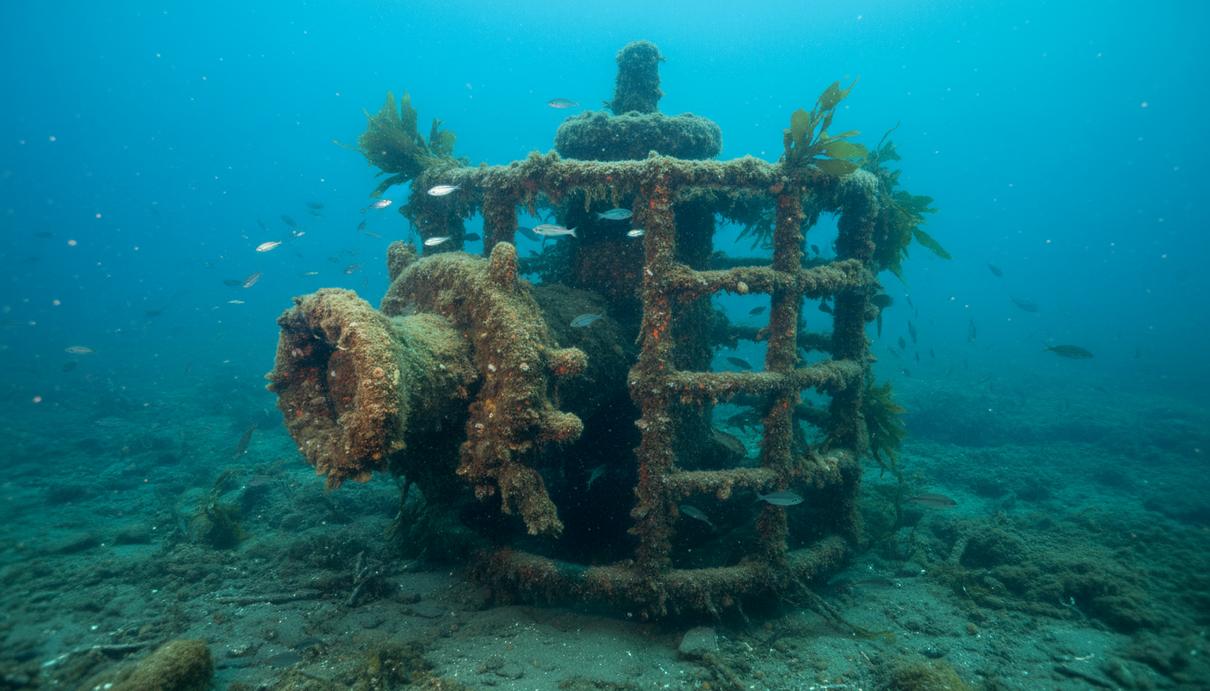 Операторы в Северном море удешевят ликвидацию скважин Подводная фонтанная арматура на дне Северного моря, покрытая коррозией и морскими организмами, в мутной воде.