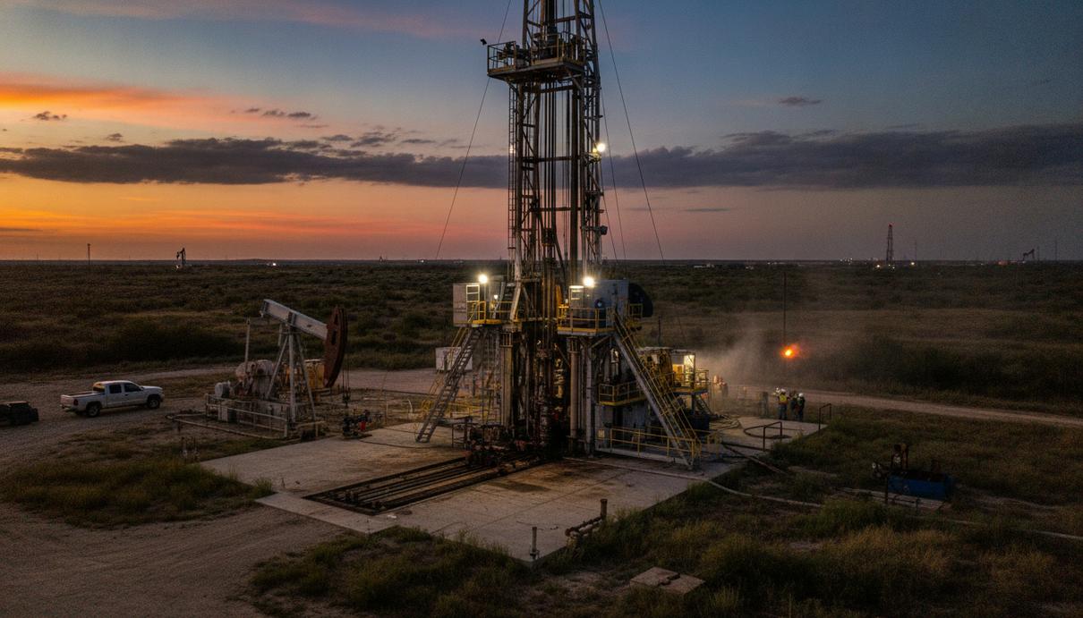 Буровая установка на газовом месторождении в Техасе на закате. Современное оборудование для глубокого бурения.