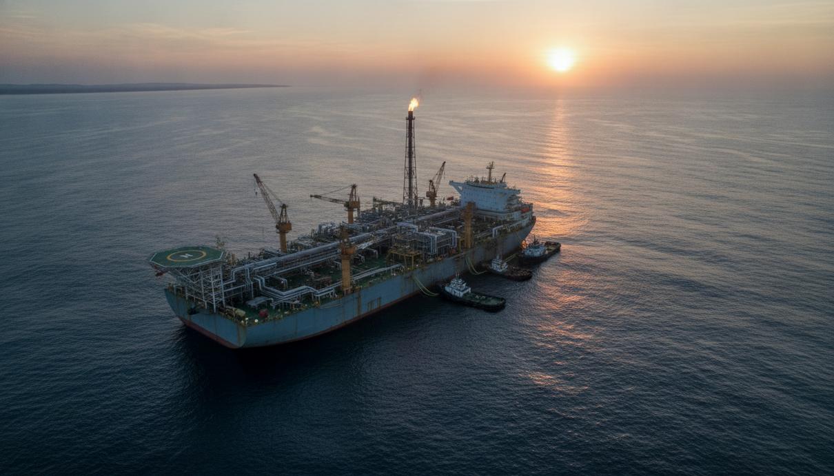 Siemens Energy оснастит две плавучие установки Petrobras в Бразилии Плавучая установка для добычи, хранения и отгрузки нефти (FPSO) в океане на фоне рассвета у побережья Бразилии.