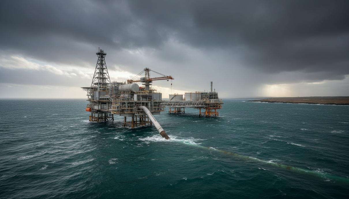 Офшорный СПГ-терминал в море и подводный газопровод на фоне пасмурного неба.