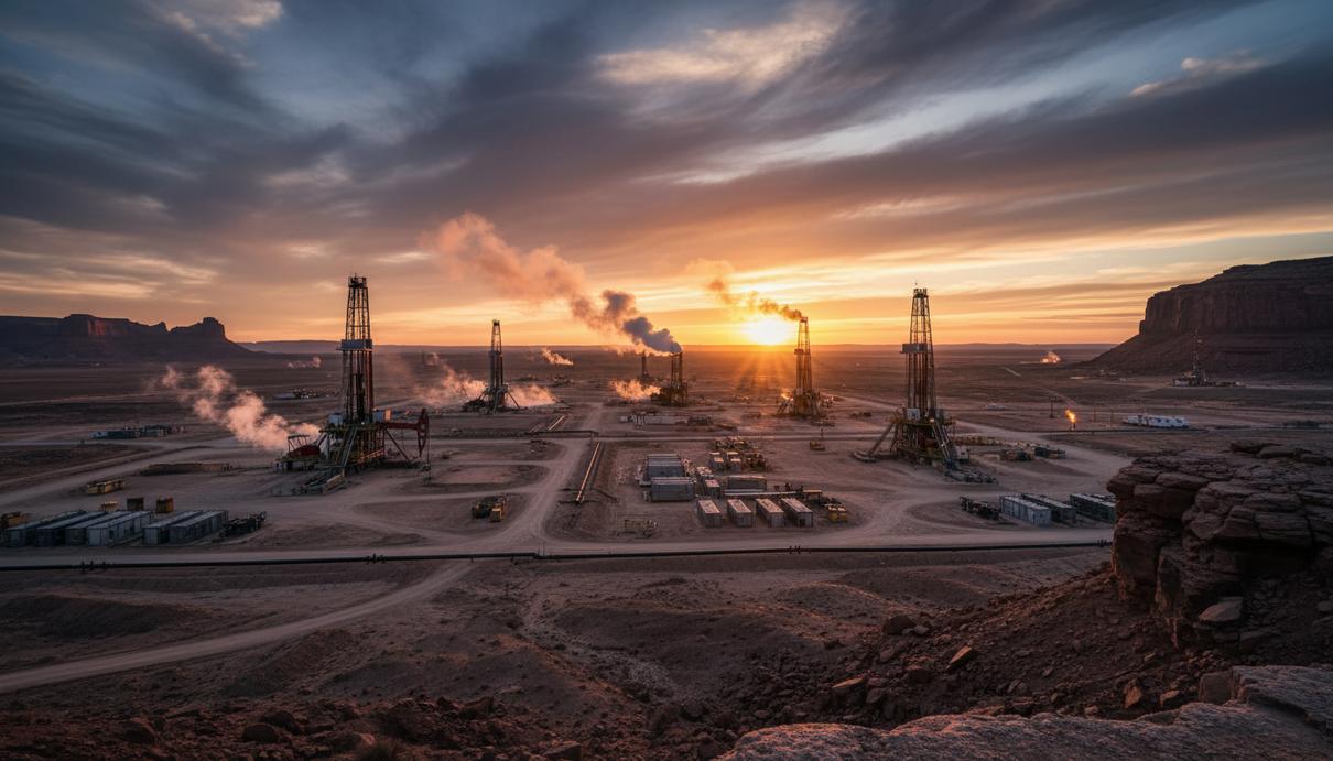 Несколько буровых установок на месторождении сланцевой нефти в США на рассвете на фоне холмистого пейзажа.