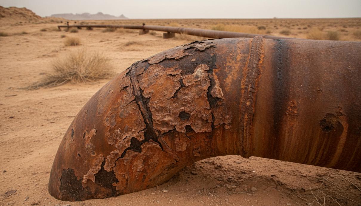 Промышленный нефтегазовый трубопровод с признаками сильной коррозии и износа на изгибе трубы в пустынной местности.