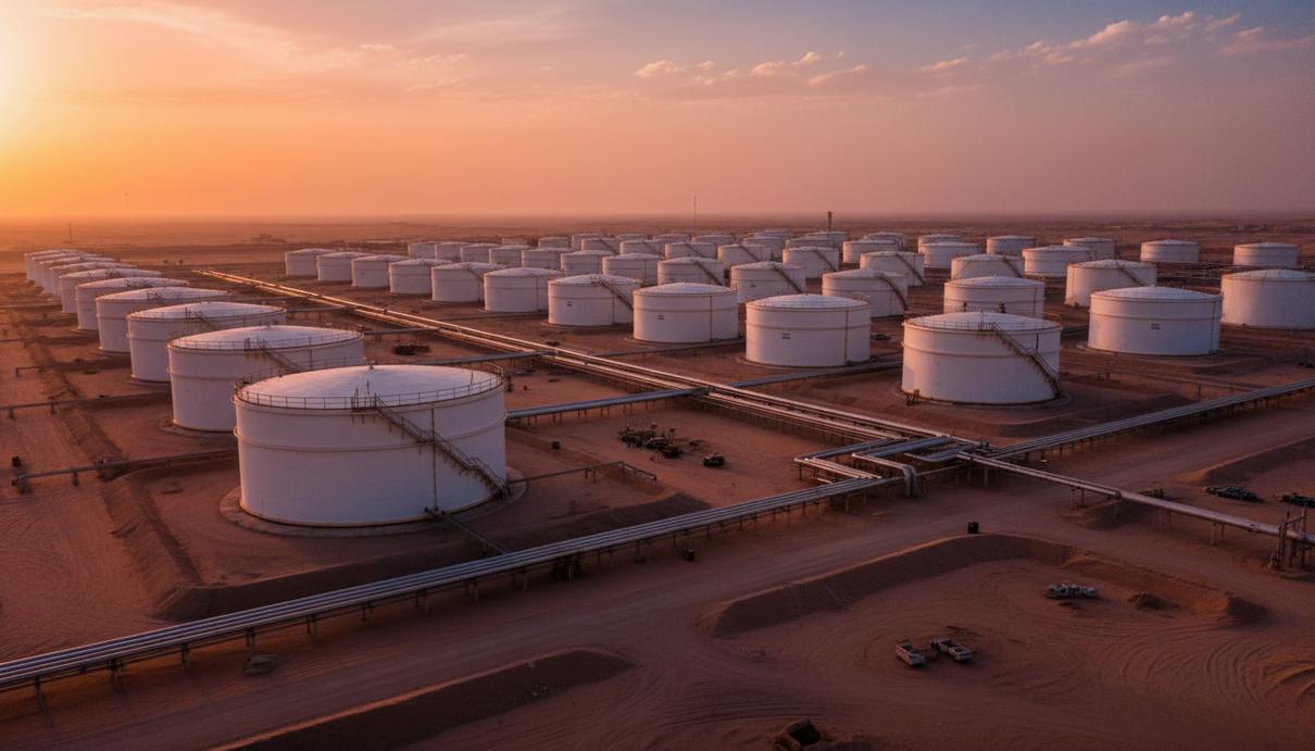 Огромный нефтяной терминал в пустыне Саудовской Аравии: ряды белых цилиндрических резервуаров для хранения нефти на закате.