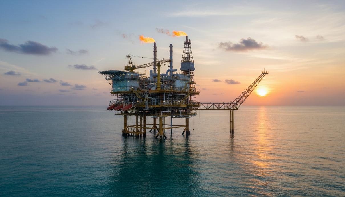 API и Мексиканский институт нефти договорились о сотрудничестве Морская нефтегазовая платформа в Мексиканском заливе на рассвете.