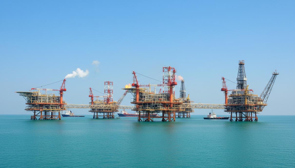 Морские нефтегазовые платформы, соединённые мостами, в открытом море. Промышленный комплекс для добычи на шельфе.
