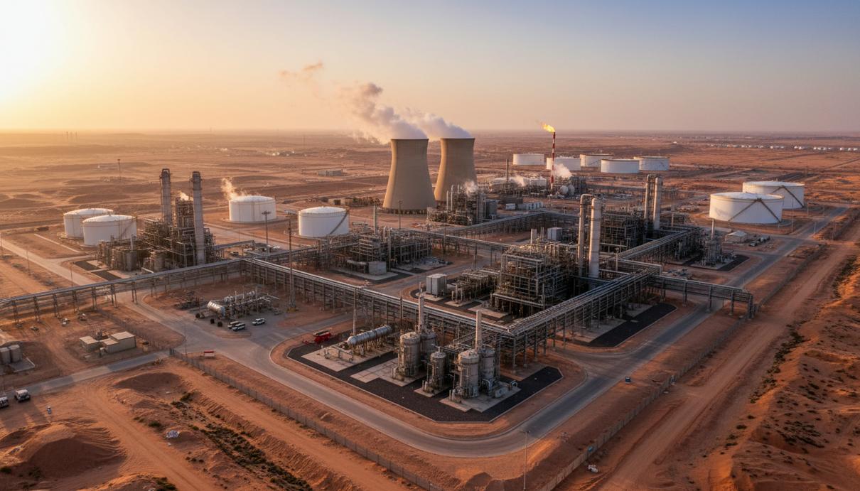 ADNOC Gas вложит $8,2 млрд в расширение переработки газа в ОАЭ Крупный газоперерабатывающий завод в пустыне на рассвете. Промышленный комплекс с трубами, резервуарами и градирнями.