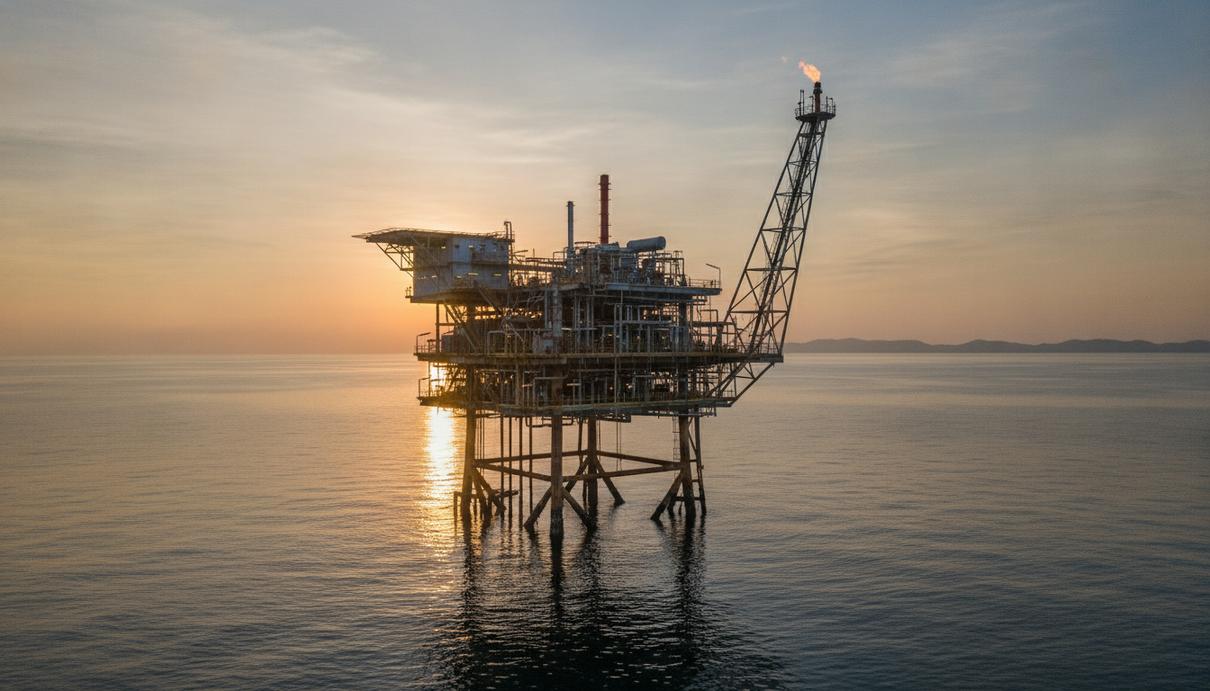 Морская нефтегазовая платформа для добычи на шельфе в Брунее на фоне океана в лучах восходящего солнца.