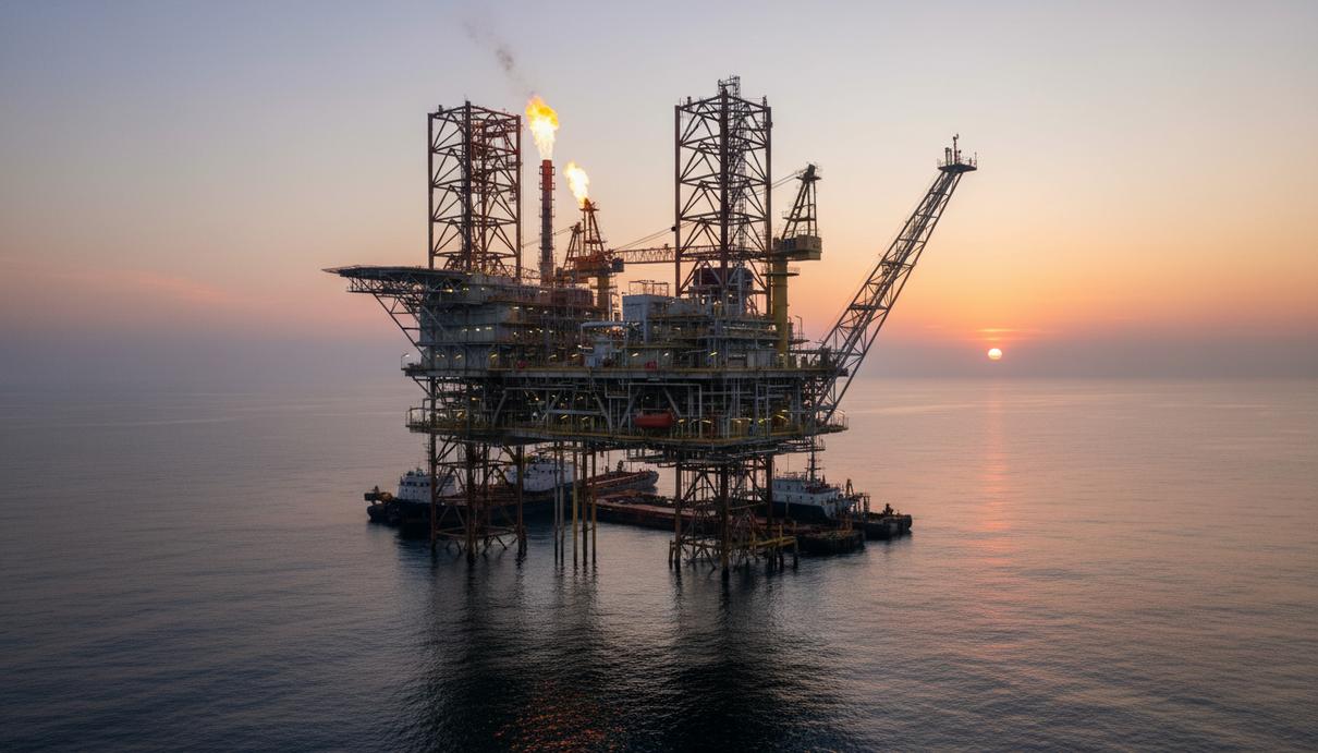 Морская нефтегазовая платформа в Гвинейском заливе у побережья Кот-д'Ивуара на рассвете.