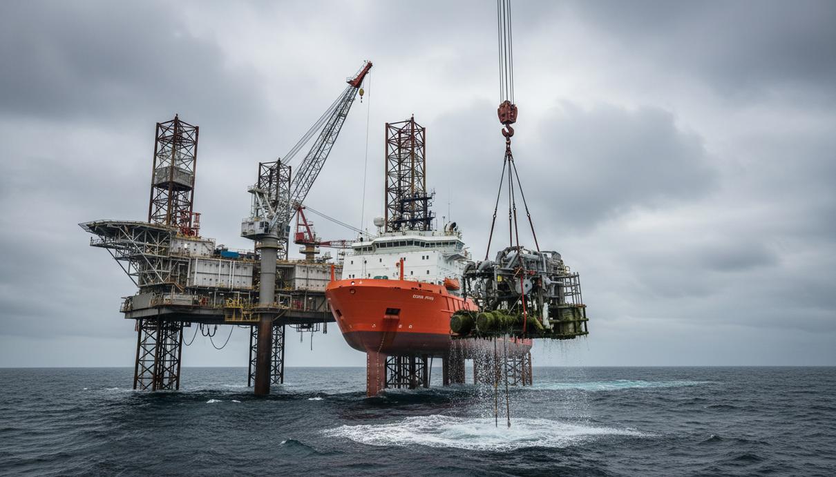 Spirit Energy завершила ликвидацию скважин в Северном море за £40 млн Морское судно поддержки и самоподъёмная буровая установка в Северном море во время демонтажа подводного оборудования.