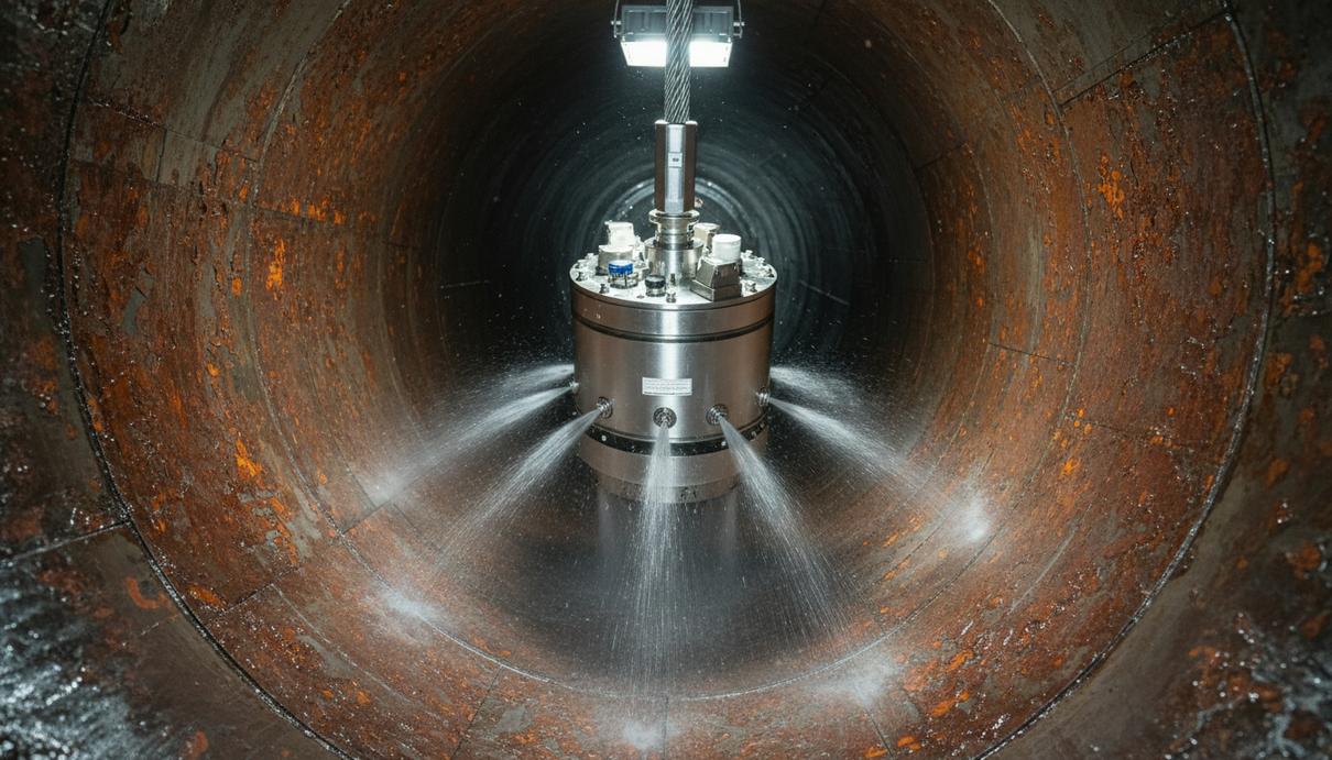 Denholm Pipetech испытала новую технологию очистки нефтяных скважин Высокотехнологичный инструмент для очистки скважин опускают в обсадную колонну с отложениями на стенках.