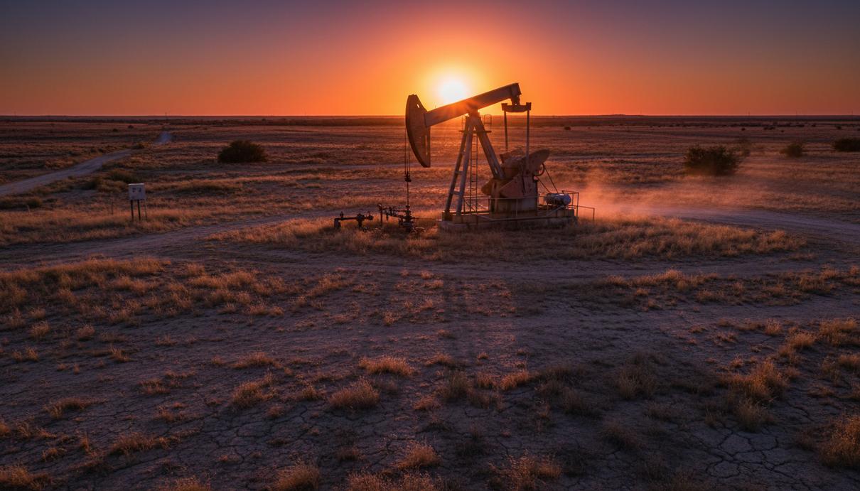 Одинокая нефтяная качалка работает в засушливой техасской равнине на фоне заката, отбрасывая длинную тень.