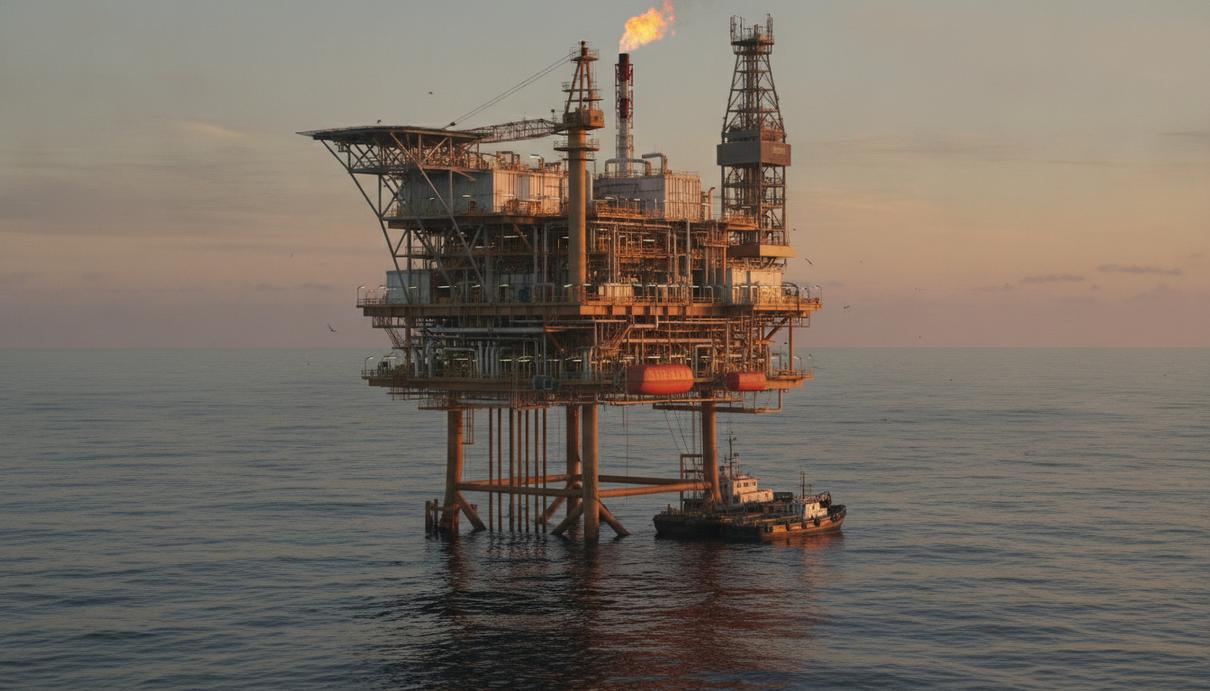Морская нефтегазовая платформа в Атлантическом океане у побережья Анголы на рассвете.