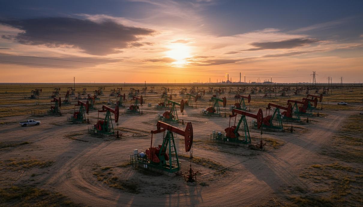 Занятость в нефтесервисе США осталась стабильной вопреки спаду рынка Несколько нефтяных вышек-качалок на месторождении в Техасе на фоне заката.